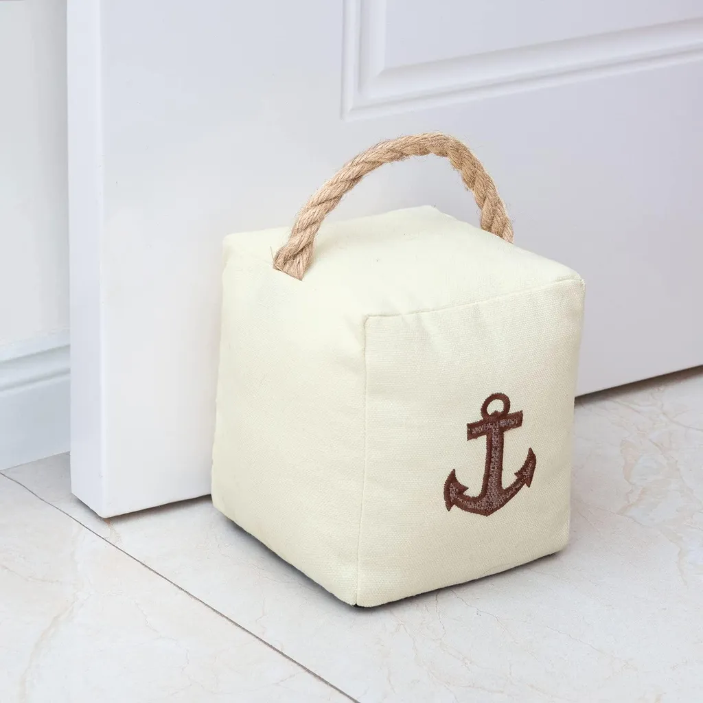 Cale-porte lourd contre courants d'air, butoir tissu beige motif ancre