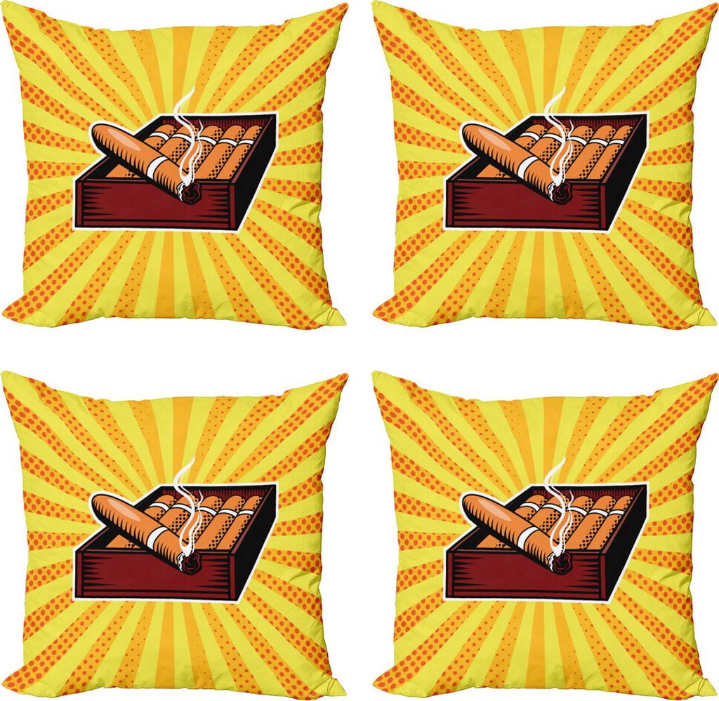 ABAKUHAUS Zigarre Kissenbezug Set (4 Stück), Zigarrenschachtel in Pop-Art-Stil, Moderner Doppelseitiger Digitaldruck, 40 cm x 40 cm, Gelb Orange