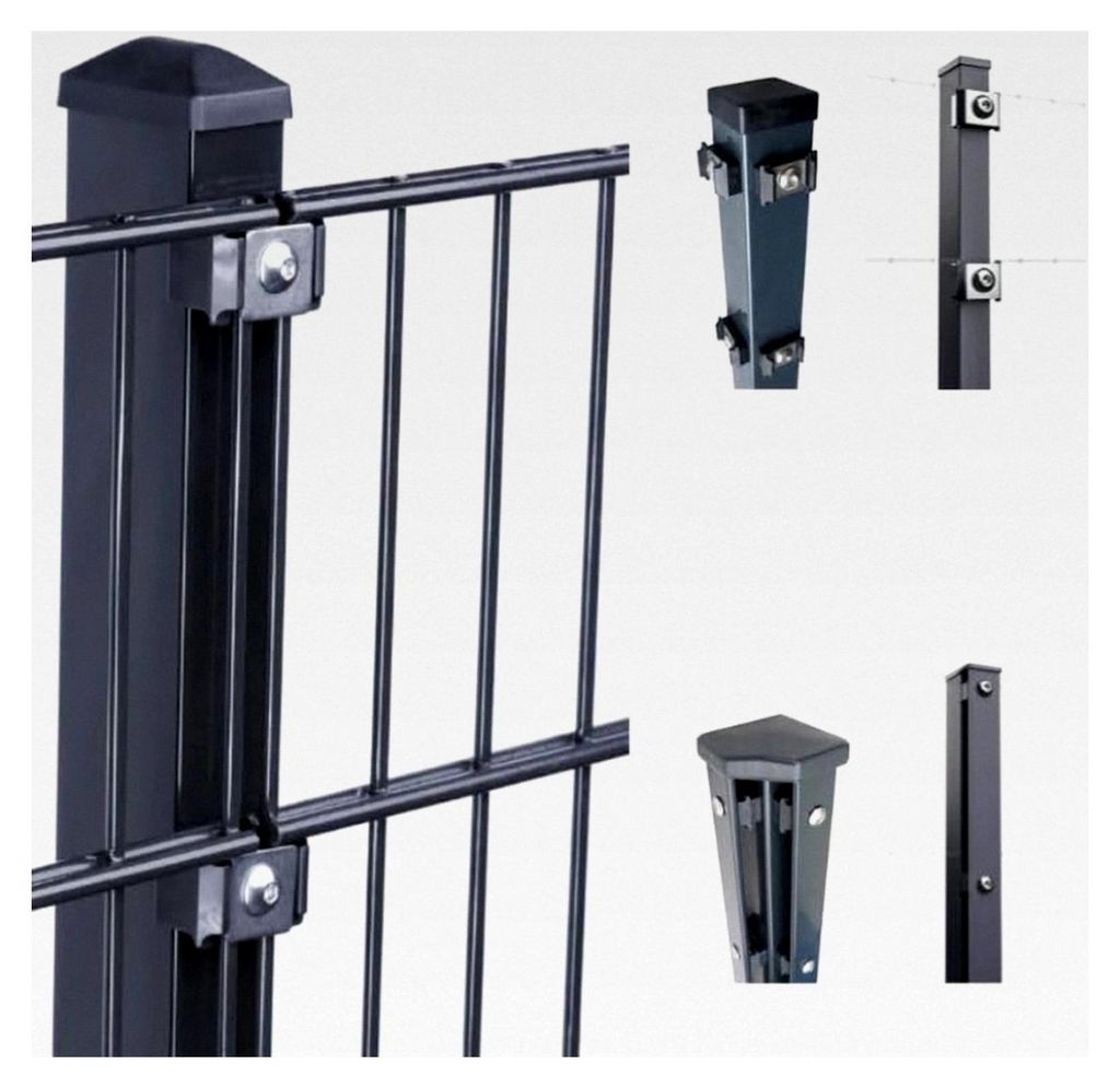 Doppelstabmattenzaun 656 Basic | Komplett-Set: je 251 cm Gittermatten | Pfosten wahlweise mit Klemmhalter, Abdeckschiene und Eckpfosten Anthrazit R...