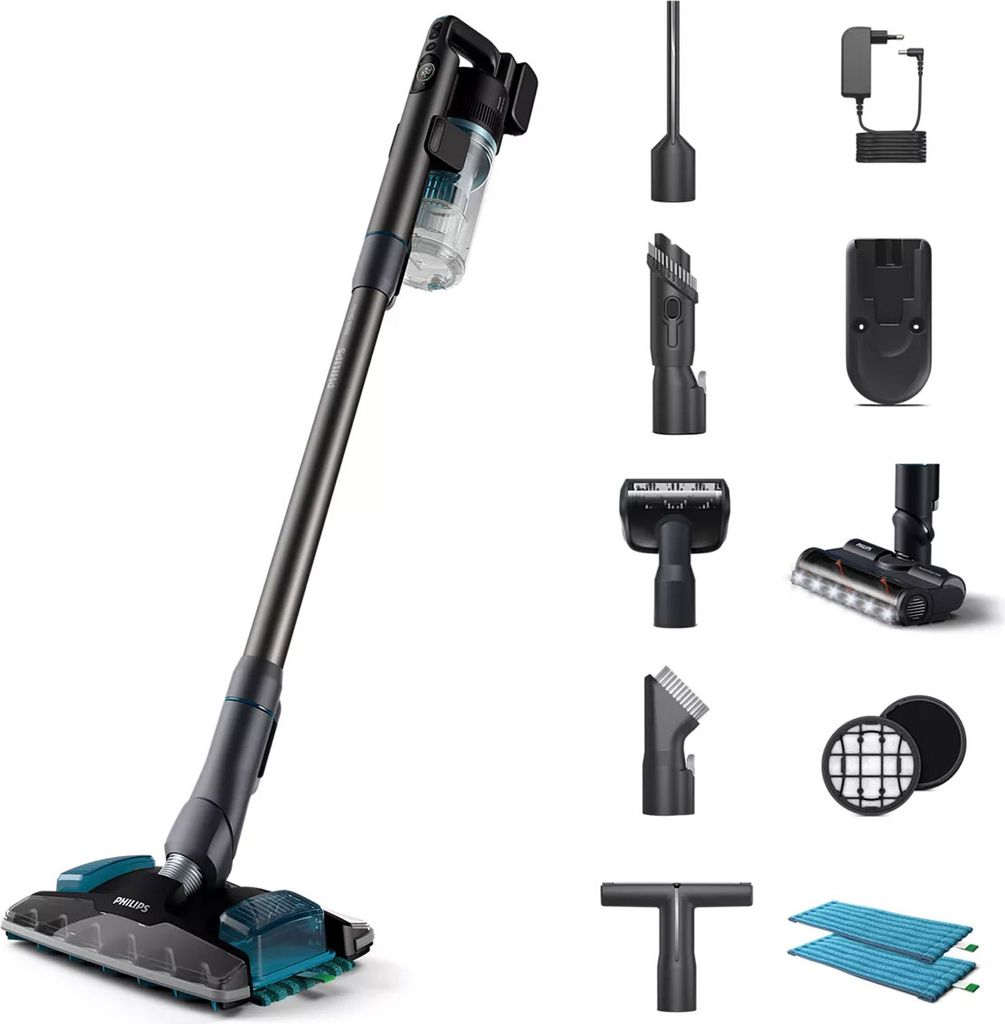 A collection of vacuum cleaner parts and accessories, including a vacuum cleaner wand and various attachments, displayed against a white background.
