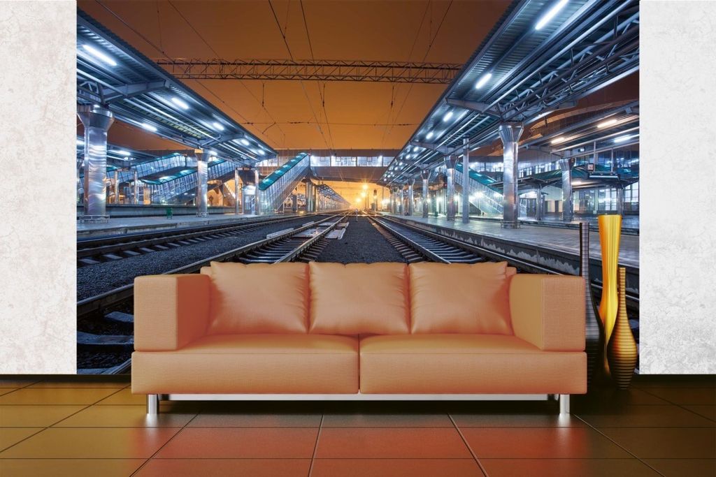 Vlies Fototapete BAHNHOF IN DER NACHT 375 x 250 cm (inkl. Kleister) - Vlies Tapete, Wandtapete, Wandbilder - Tapete für Wohnzimmer Schlafzimmer, B...