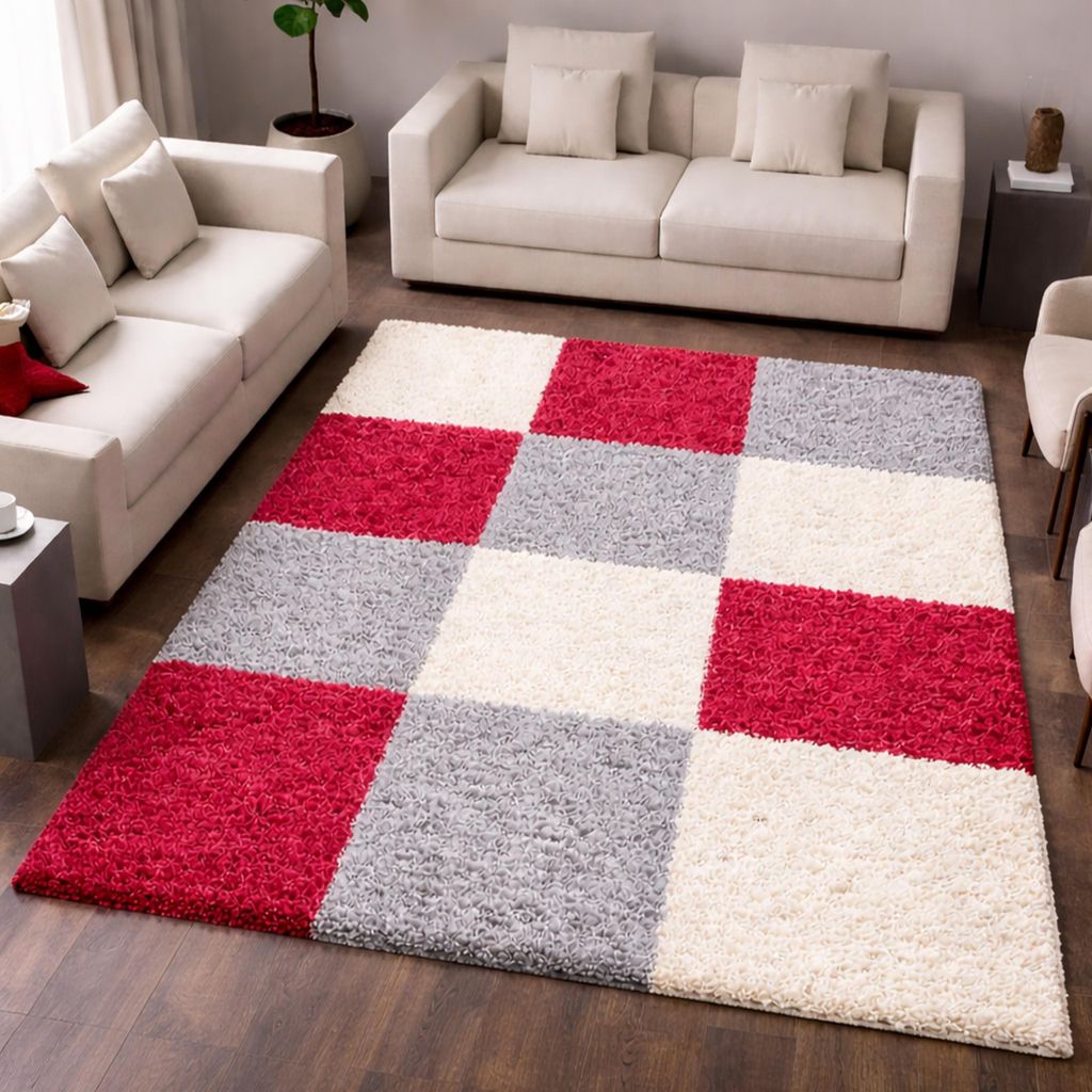 Shaggy Teppich Karo Design Rot Grau Cream Größe - 160 x 230 cm