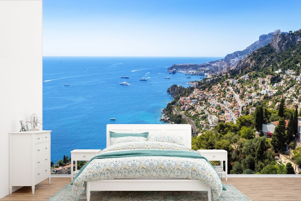 MuchoWow Fototapete für Wohnzimmer oder Schlafzimmer Wandtapete Vinyl Motivtapete Berg - Meer - Stadt - 330x220 cm - Fototapeten
