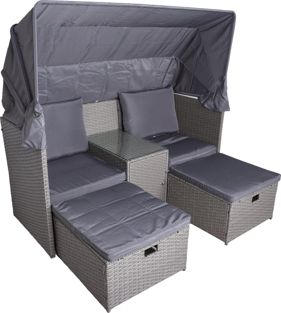 Gartenmuschel MAINZ mit Hocker Beistelltisch Sonnendach - Kunststoff, Grau | Sonneninsel Outdoor Gartensofa mit Dach Garten Pool