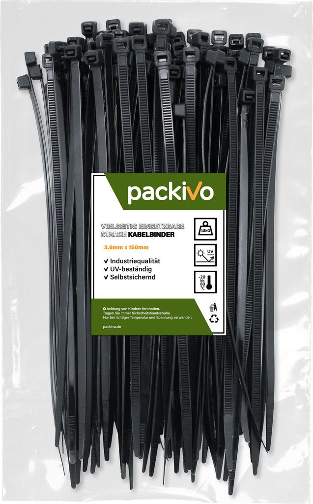 PACKIVO Profi Kabelbinder 3,6 x 150mm schwarz extra starke Kabelbinder Industriequalität UV Beständig Zugfestigkeit 18Kg für Kabelmanagement, DIY