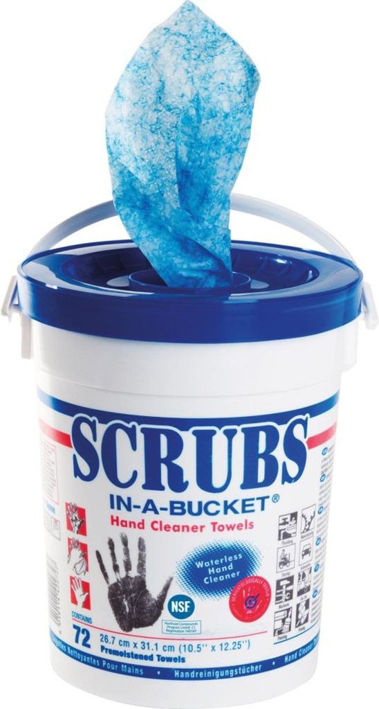 A bucket of hand cleaner towels with one towel pulled out.