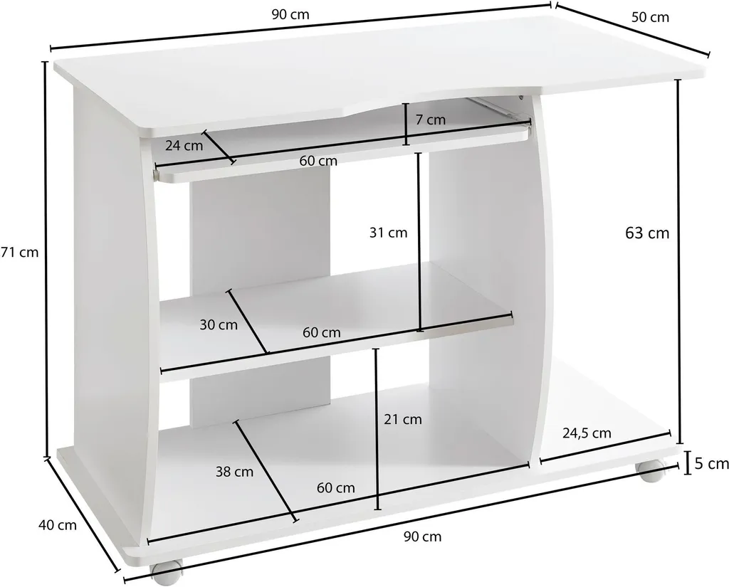 FineBuy Table d'ordinateur blanche avec roulettes 90 cm - Bureau mobile - 3