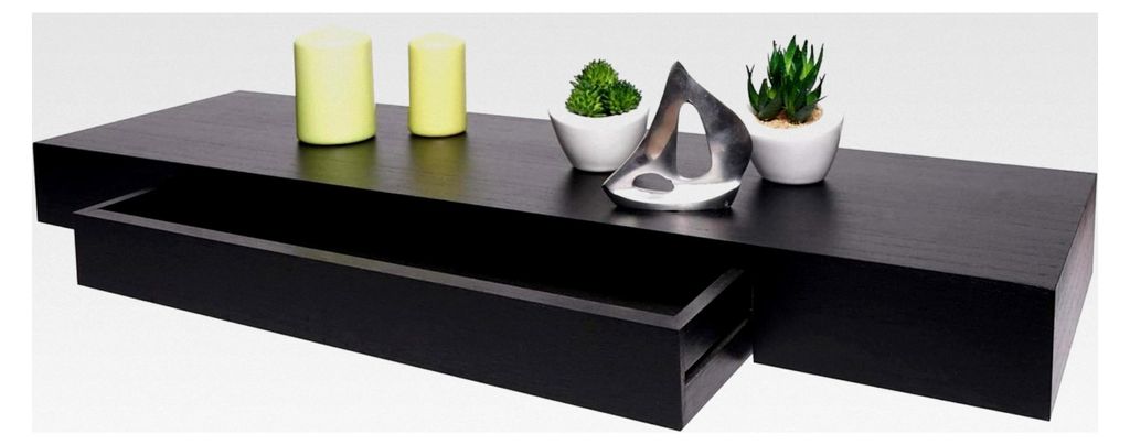 Wandregal Schweberegal Hängeregal mit Schublade aus Massivholz 8x80x25cm - schwarz