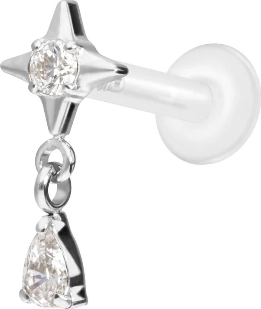 Ohrpiercing, Nasenpiercing PTFE Labret mit Innengewinde + Titan-Aufsatz STERN + KRISTALLTROPFEN Silber Stablänge: 10mm | Stabstärke: 1,6mm