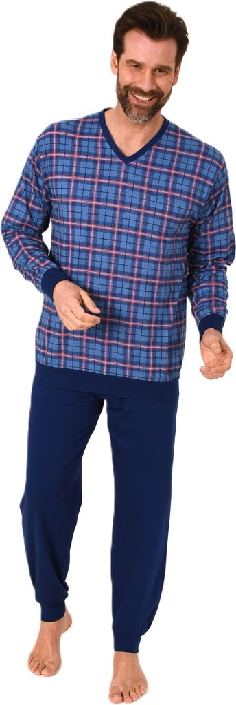 Normann Herren Langarm Schlafanzug mit Bündchen Pyjama Oberteil kariert-auch in Übergröße ; marine , 50