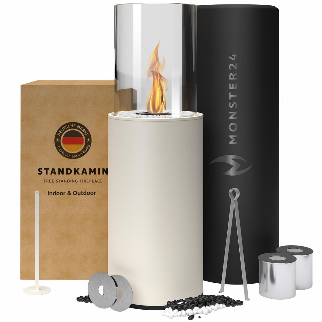 A bioethanol fireplace and its accessories are displayed against a white background, with packaging and branding elements visible.