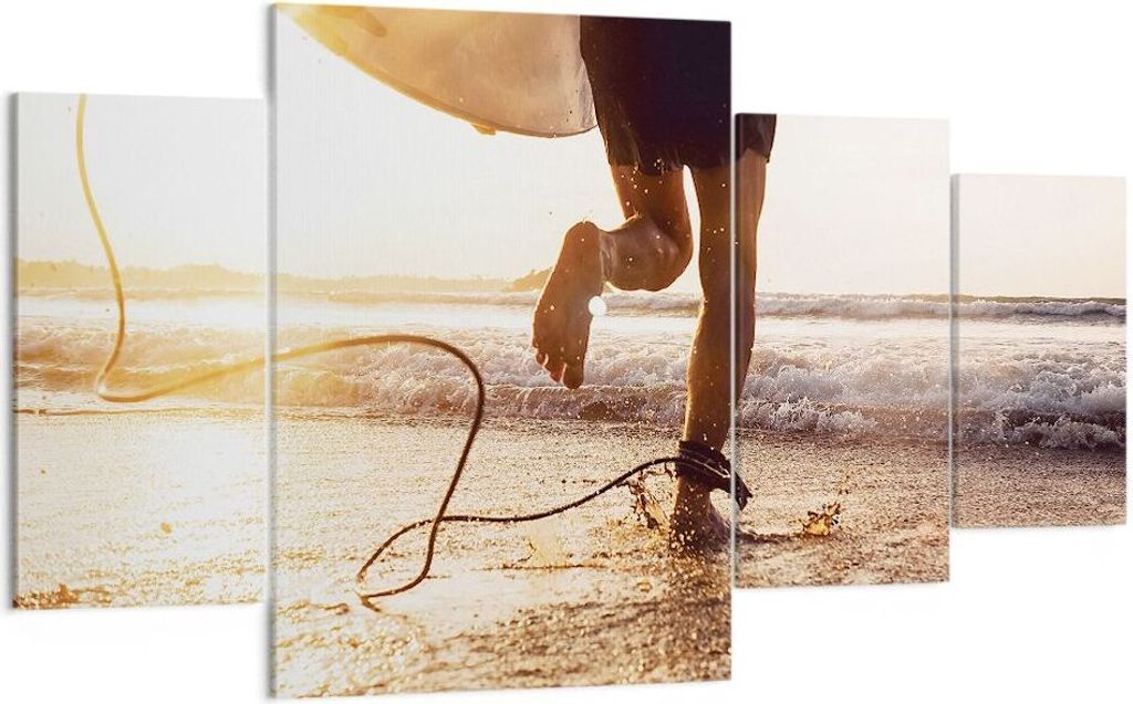 Bild auf Leinwand - Leinwandbild - 4 Teile - Surfen Strand Freude - 160x90cm - Wand Bild - Wanddeko - Wandbilder - Leinwanddruck - Bilder - Wanddek...