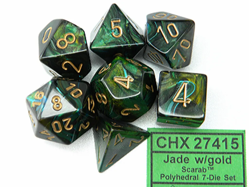 Chessex Dés Poly 7 Set Scarabé Jade et Or : Ensemble de Rôle Complet