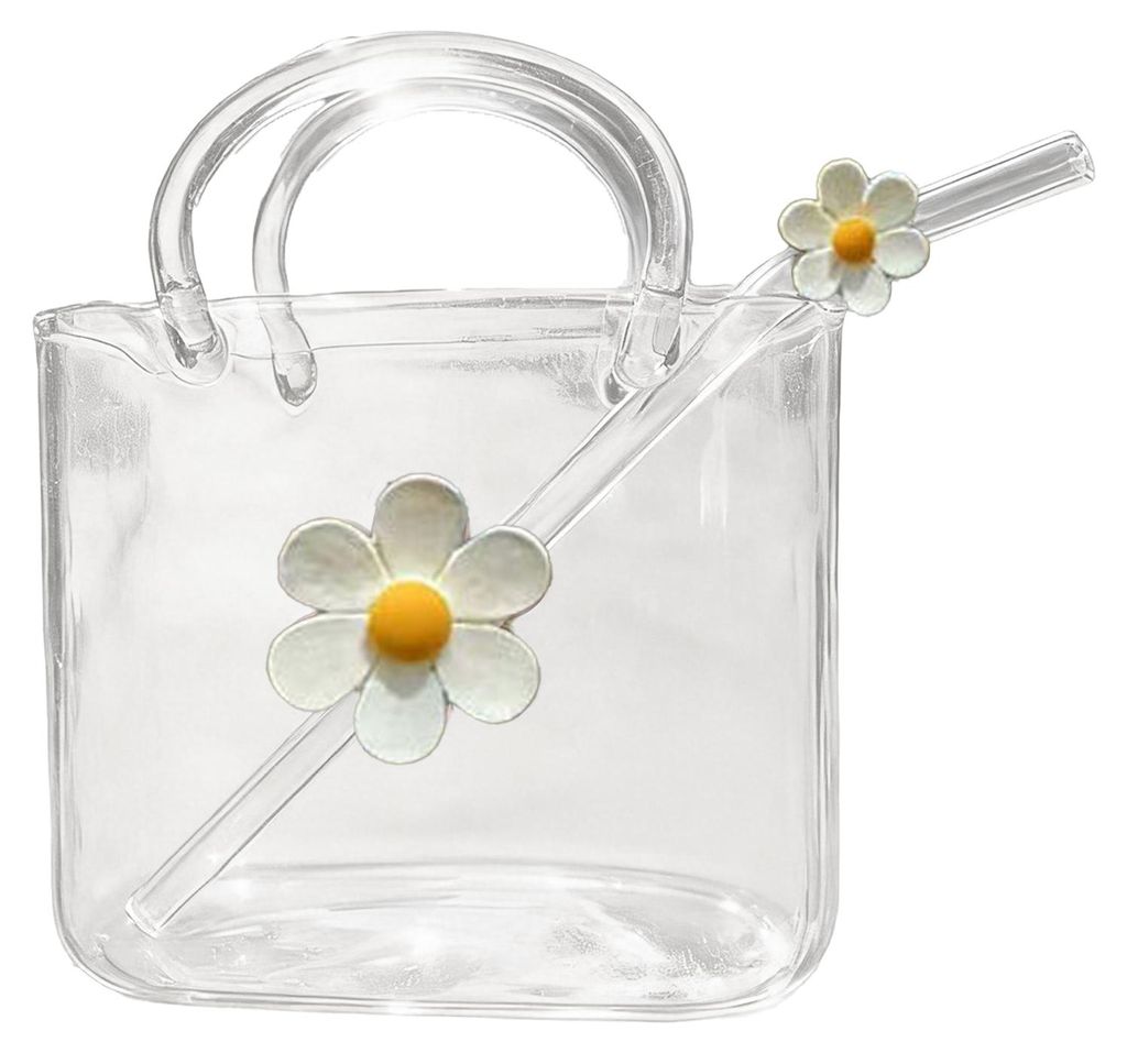 Handtaschenförmiger Becher mit Strohhalm, transparentes, hitzebeständiges Glas für Säfte, Cocktails, Eiskaffee, tragbar, niedliche Partydekorat...