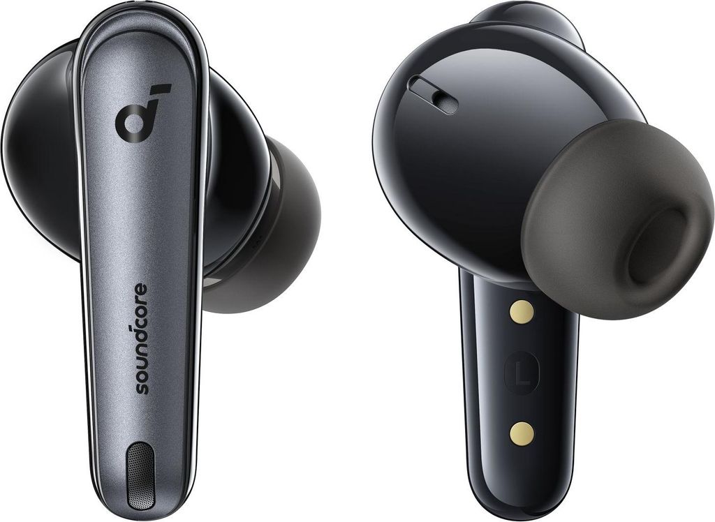 A pair of black and gray wireless earbuds are shown against a white background.