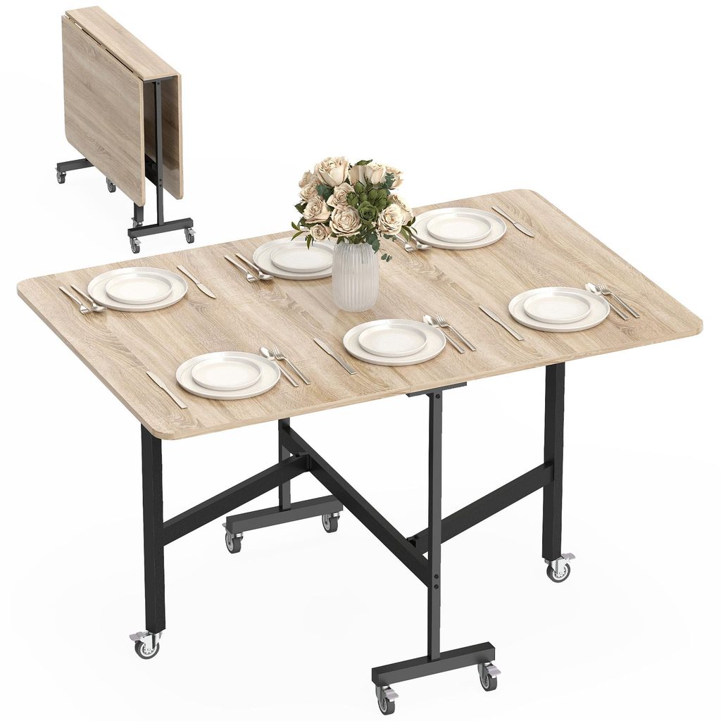HOMCOM Esstisch, Küchentisch mit Rollen, Klapptisch für 4-6 Personen, Eiche