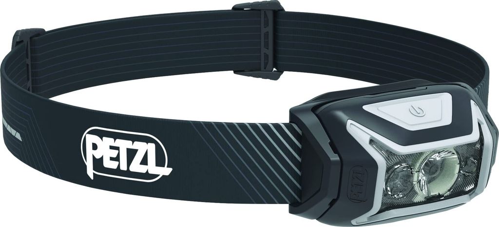 A product shot of a Petzl Actik Core Grey headlamp on a white background.