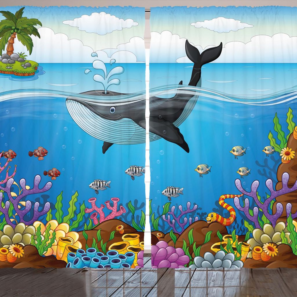 ARANDE Wal Gardine, Ein massiver Wal, der Meister der Ozeane, um den Planeten Natur herum, 280 x 225 cm, Dunkles Blau Orange