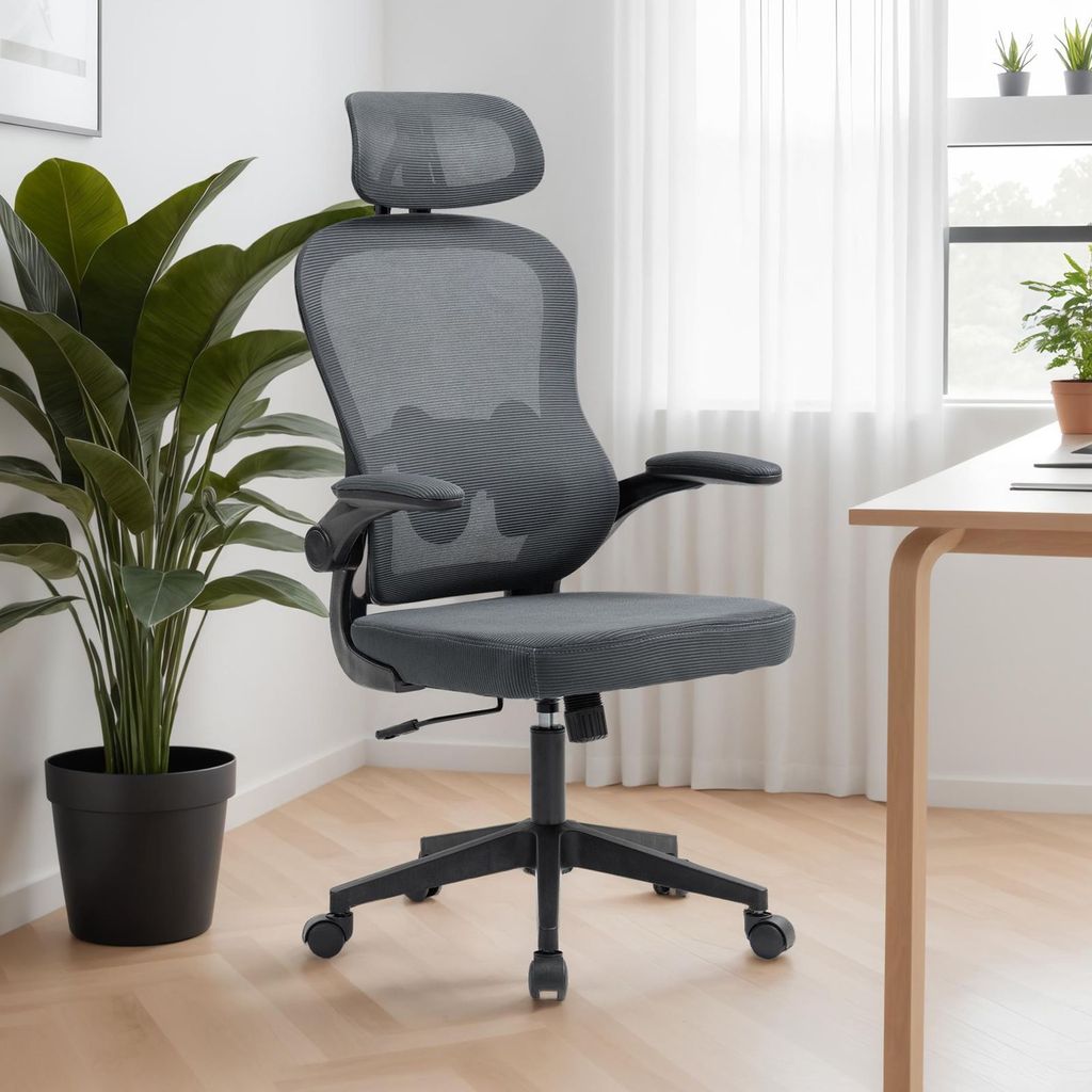 Bürodrehstuhl JOBURG höhenverstellbar mit Armlehnen, grau – ergonomischer Schreibtischstuhl mit Netzrücken und Lendenstütze für Home Office ...