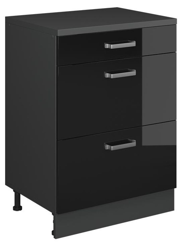 Küchenschrank für Dachschrägen Vicco R-Line Schwarz Hochglanz 60 cm ohne Schräge mit 3 Schubladen, Model 61704