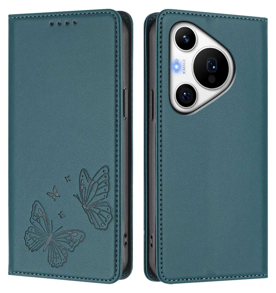 Lederhülle für Huawei Pura 70 Pro/Pura 70 Pro+, Schmetterling Prägung Leder Brieftasche Schutzhülle mit Ständer Grün