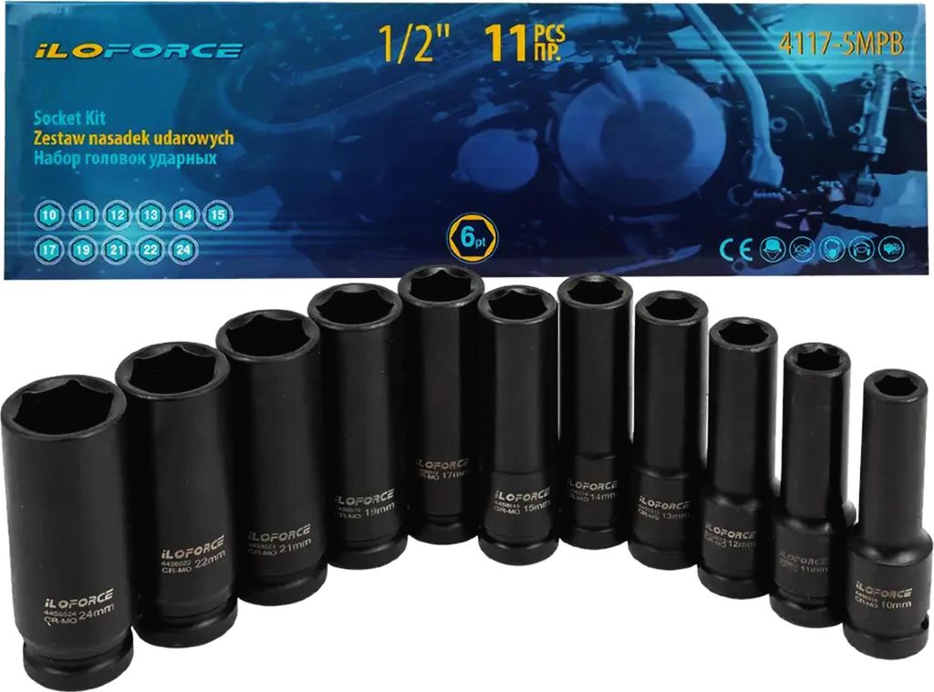 ILOFORCE 1/2" Deep Impact Steckschlüsselsatz, 11-teilig + Koffer