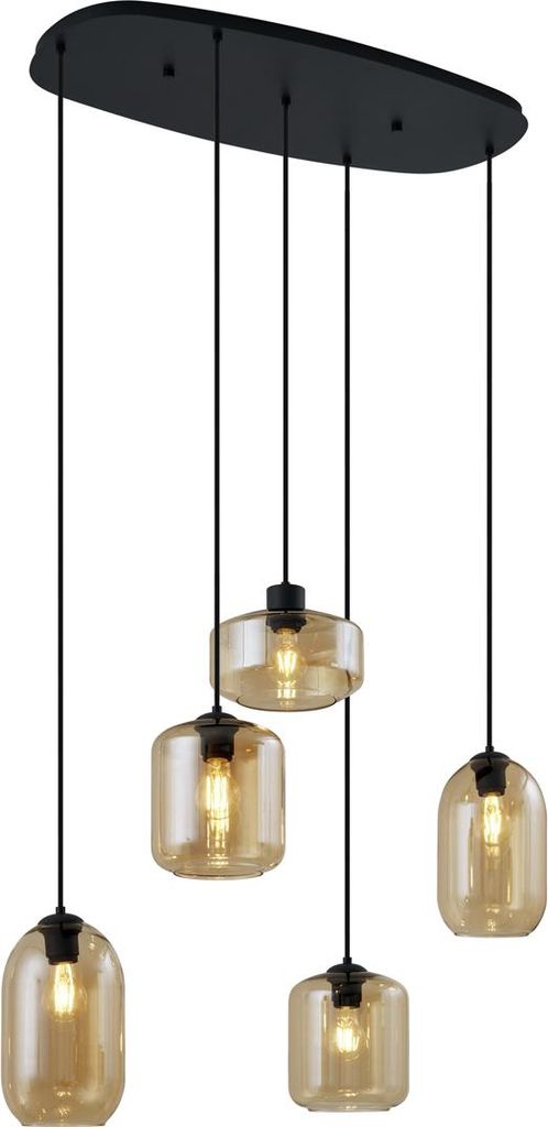 QAZQA - Moderne Hängelampe I Pendellampe I Pendelleuchte schwarz mit bernsteinfarbenem Glas 5-flammig - Sheena I Wohnzimmer I Schlafzimmer - Metal...