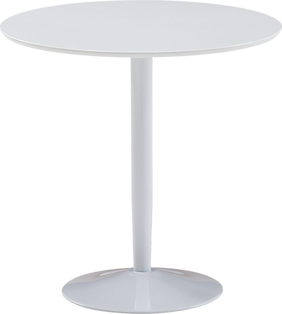 A white round dining table with a pedestal base is shown against a white background.