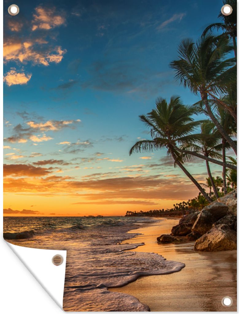 MuchoWow 30x40 cm Outdoor-Poster Gartendeko Sichtschutz Garten Poster für den Garten Strand - Sonnenuntergang - Meer - Palme