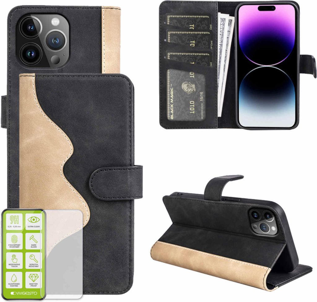 Für Apple iPhone 15 Pro Design Handy Tasche Schwarz Etuis Kunst-Leder Hülle Case + H9 Hart Glas