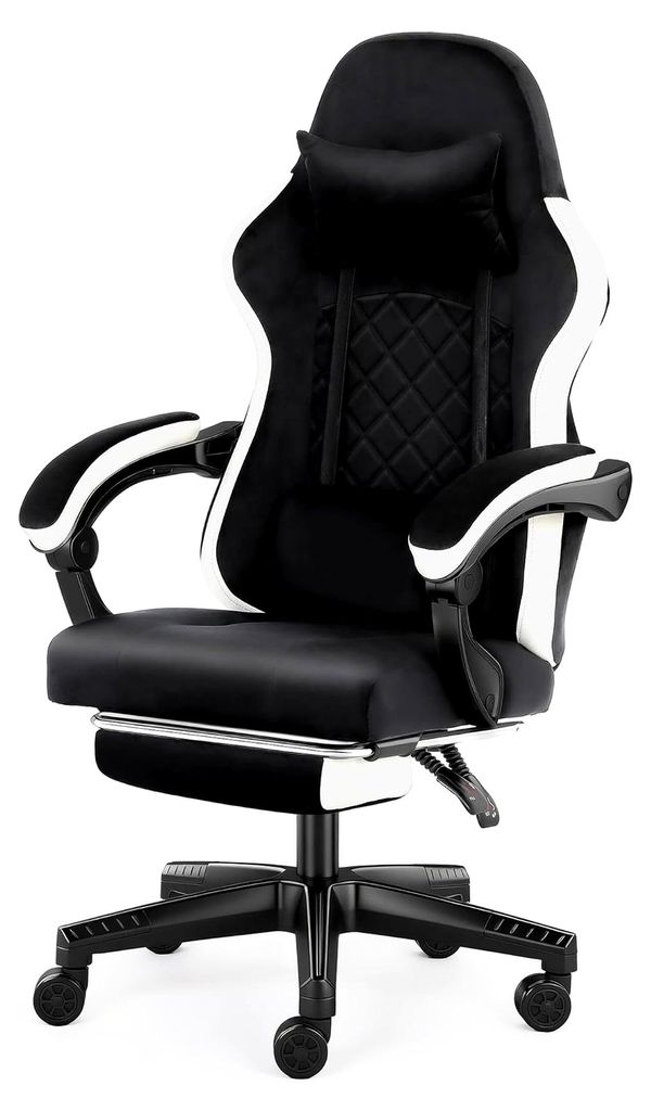 Gaming Stuhl mit Fußstütze, Ergonomischer Schreibtischstuhl mit 140° Neigung, Höhenverstellbar, Flanellbezug, Lendenkissen und Kopfstütze, Dre...