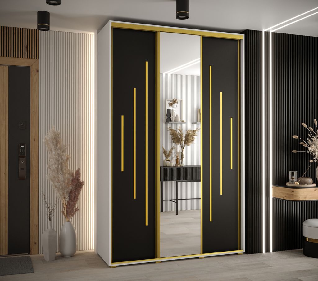 Kleiderschrank YVONA 13 - 150/45 cm, weiß/schwarz/gold