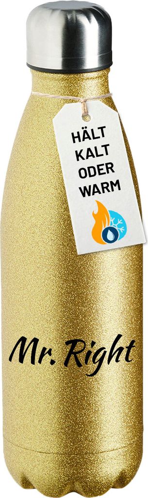 Huuraa Trinkflasche Mr. Right Schriftzug 500ml Gold Edelstahl Wasserflasche Trinkflasche Geschenkidee