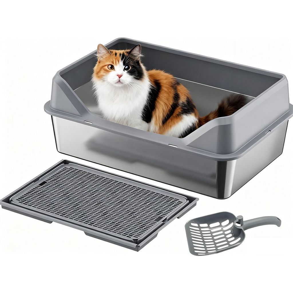 Katzentoilette Edelstahl Katzentoilette Stainless Steel Litter Box 50 x 35 x 20cm mit Katzenstreumatte Katzenstreu High-Sided Katzenklo Edelstahlklo