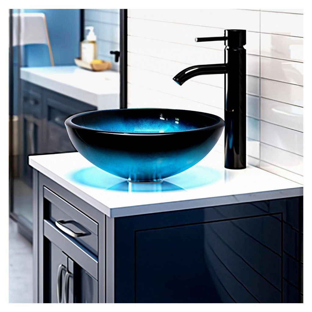 Rundes Waschbecken aus gehärtetem Glas mit Wasserhahn-Kombination, 30,5 cm, Blau