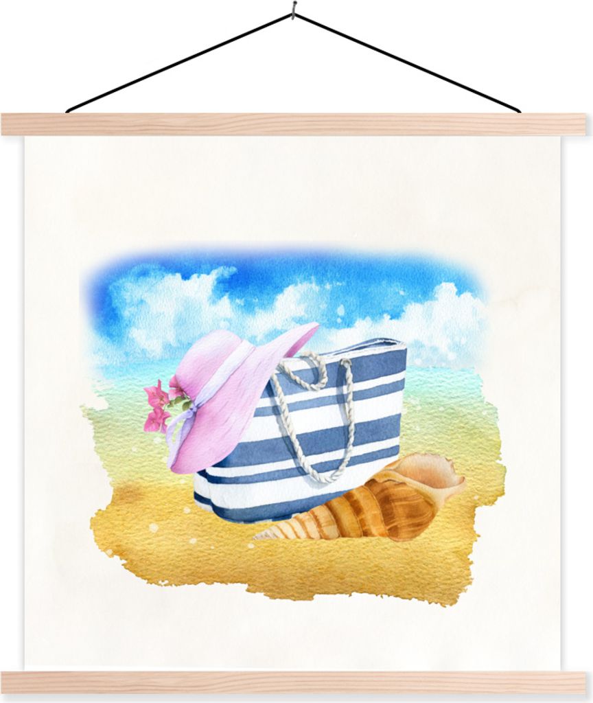 MuchoWow Textilposter Strandtasche - Hut - Muschel - Strand 40x40 cm mit holzfarbenen Rahmen - Posterleiste