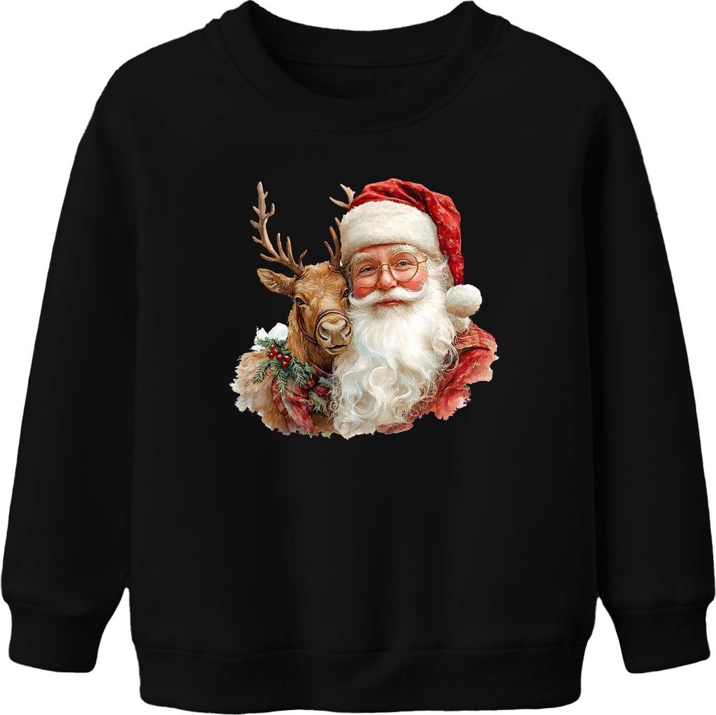 Weihnachtsmann Rentier Weihnachten Geschenk Vintage Retro Brille Uni Kinder Sweatshirt Pullover, Schwarz, 116