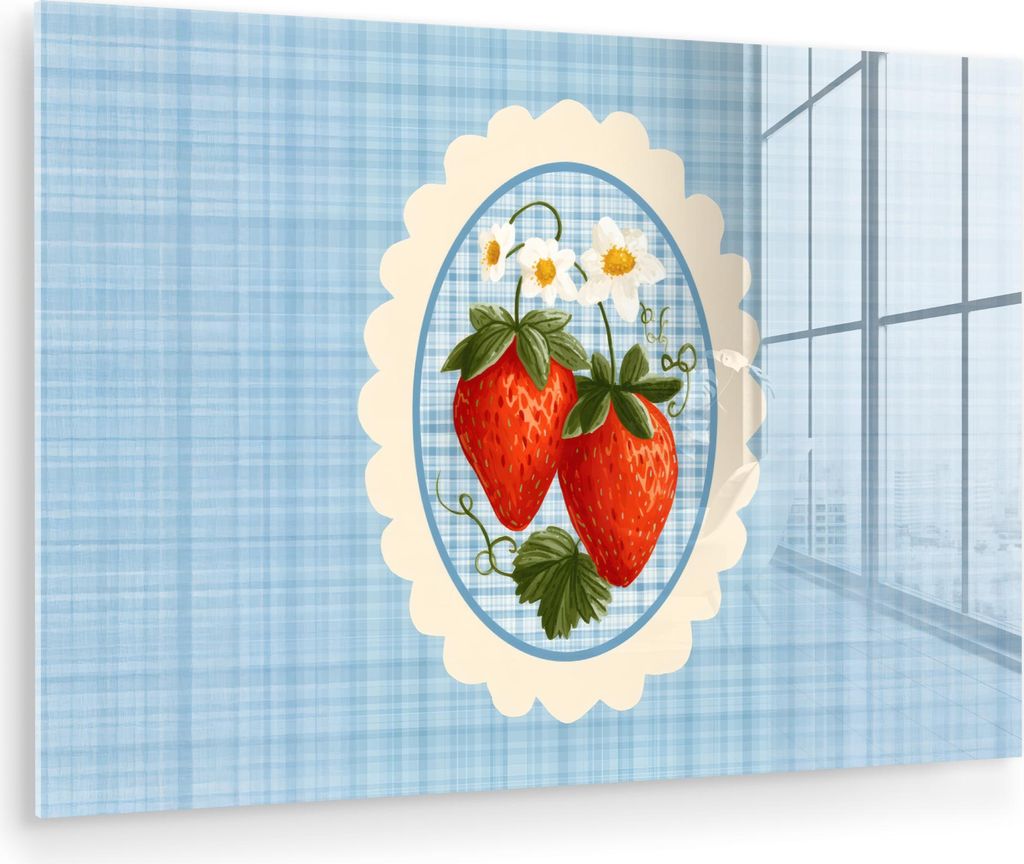 MuchoWow Glasbilder - Bilder auf Wandbild - Foto auf Glas Erdbeeren - Rahmen - Rot - Kariert 120x80 cm Wanddekoration aus Glas - Acrylglasbild - Ac...