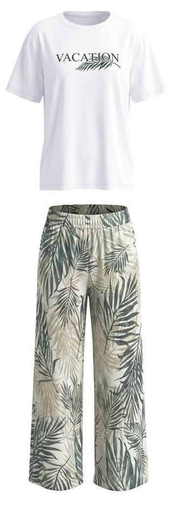 Langes zweiteiliges Damen-Pyjama-Set: Bedrucktes T-Shirt und gemusterte Pyjamahose