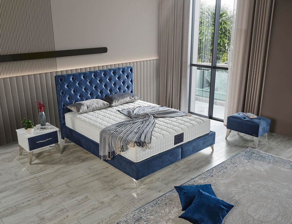 Schlafzimmer-Set "Lona" – Bett mit Bettkasten und Matratze , Nachttisch, Hocker-Blau