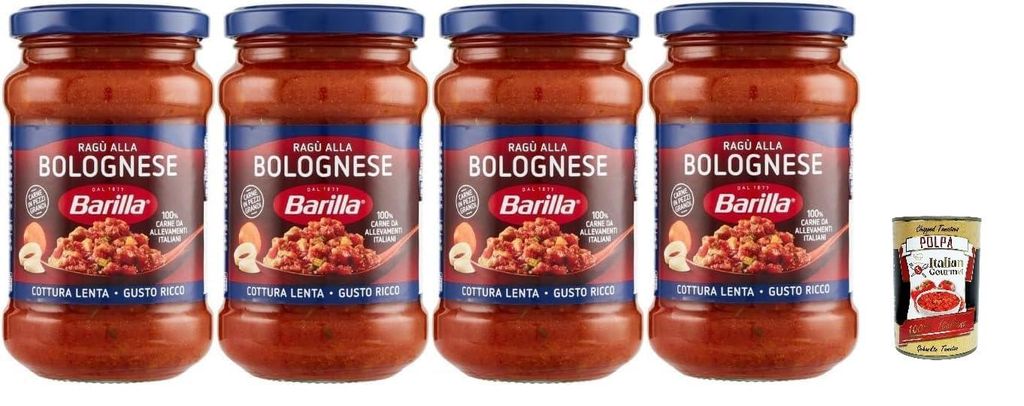Barilla Ragù alla Bolognese, Traditionelle Italienische Fleischsauce, Glutenfrei, 4 x 400g, + Italian Gourmet polpa 400g