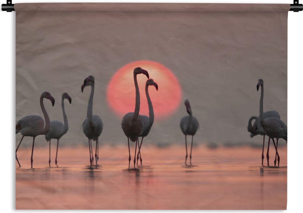 MuchoWow Wandteppich Wandbehang Vogel - Flamingo - Sonnenuntergang - Rosa 150x112.50 cm Tapisserie Dekoration Wandtuch - Wanddecke - Wandteppiche