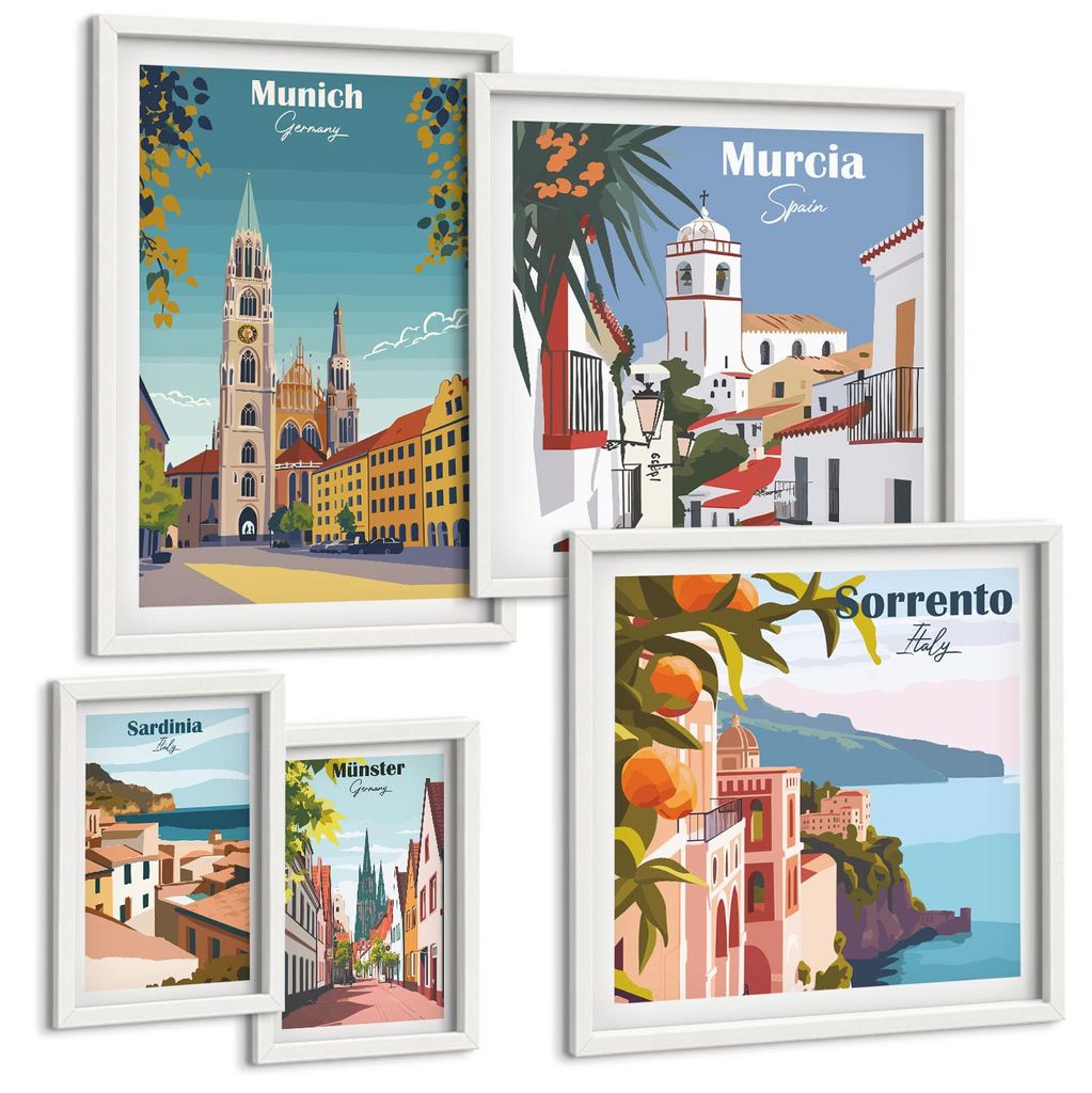 Bilder Set 5-teilig im Goldrahmen Rahmen – Wandbilder 5 Stück – gerahmte Poster für Wohnzimmer, Schlafzimmer und Flur – 50x50 cm - 40x60 cm...