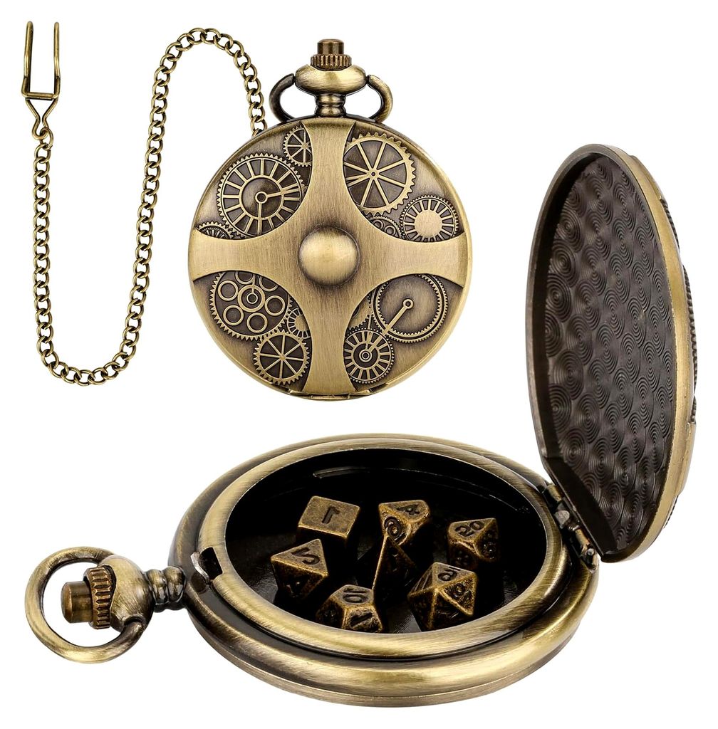 Mini DND Würfelset mit bronzefarbenem Steampunk-Zahnrad-Taschenuhrgehäuse, 7-teiliges D&D-Würfelset aus polyedrischem Metall, Rollenspiel-Bretts...
