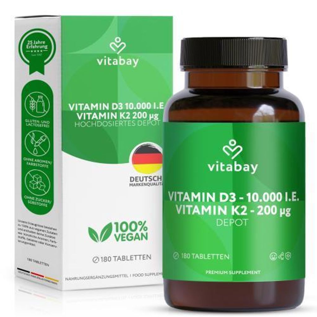 Vitabay Vitamin D3 + K2 Depot – 180 vegane Tabletten – Produktbild 