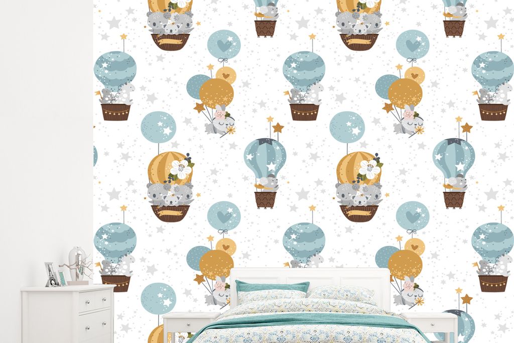 MuchoWow Fototapete für Wohnzimmer oder Schlafzimmer Wandtapete Vinyl Motivtapete Jungen - Muster - Luftballon - Kinder - 265x240 cm - Zimmer f...