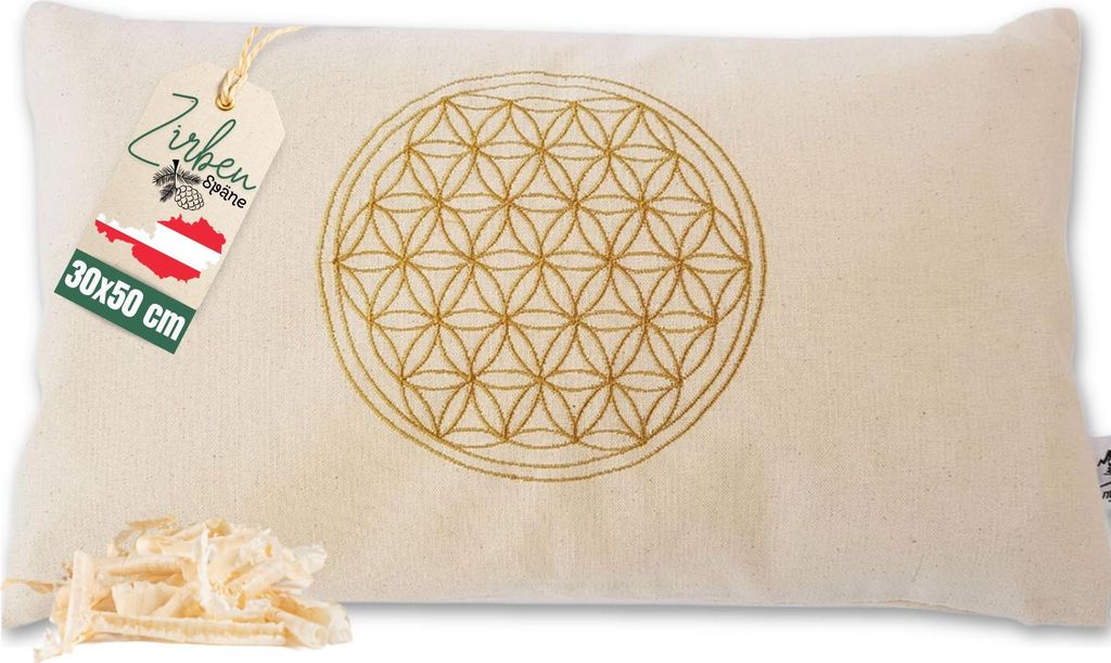 Zirbenkissen Blume des Lebens 30x50 cm befüllt mit Zirbenspänen aus 100% Alpen Zirbenholz