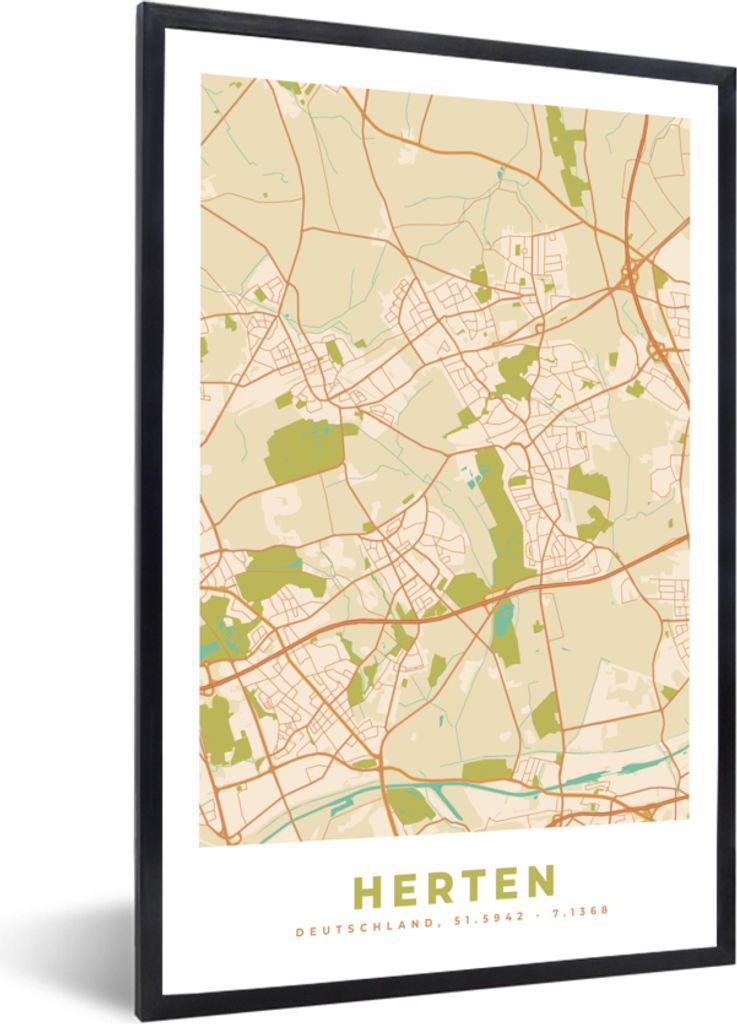 MuchoWow Gerahmtes Poster Stadtplan - Hirsche - Karte - Vintage 60x90 cm - Poster mit Schwarzem Bilderrahmen Wandposter Rahmen Foto Bilder - Kunst