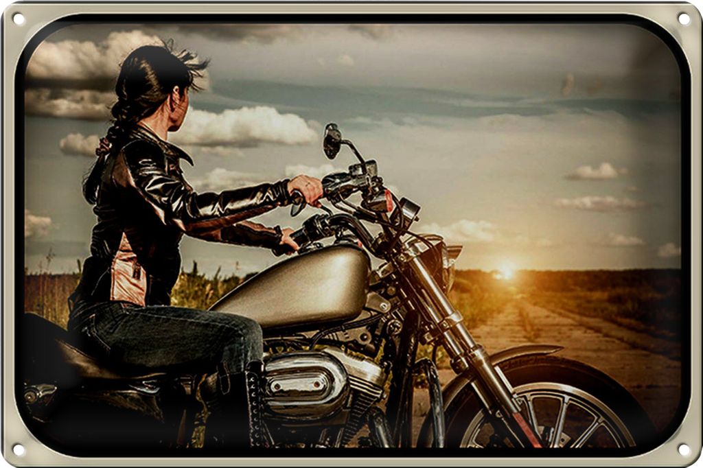 Blechschild Motorrad 40x30cm Frau Girl Sonnenaufgang