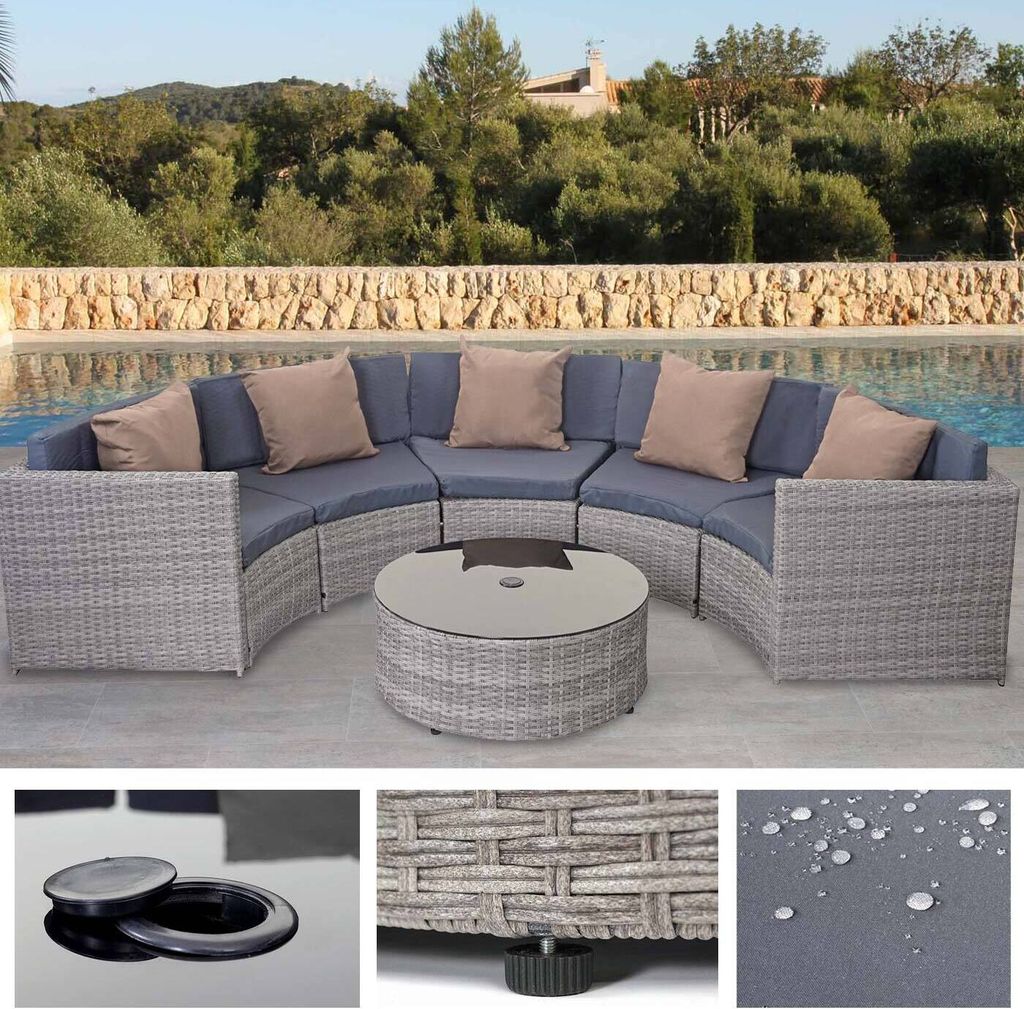 Poly-Rattan Garnitur rund HWC-E17, Garten-Set Sitzgruppe grau, Polster dunkelgrau, Kissen beige